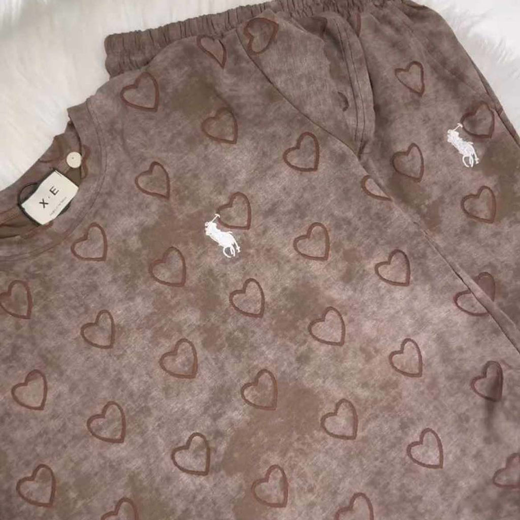 Heart Textured Horse Logo Printed Style Western 2-Pcs Summer Tracksuit For Her. WSTS-08