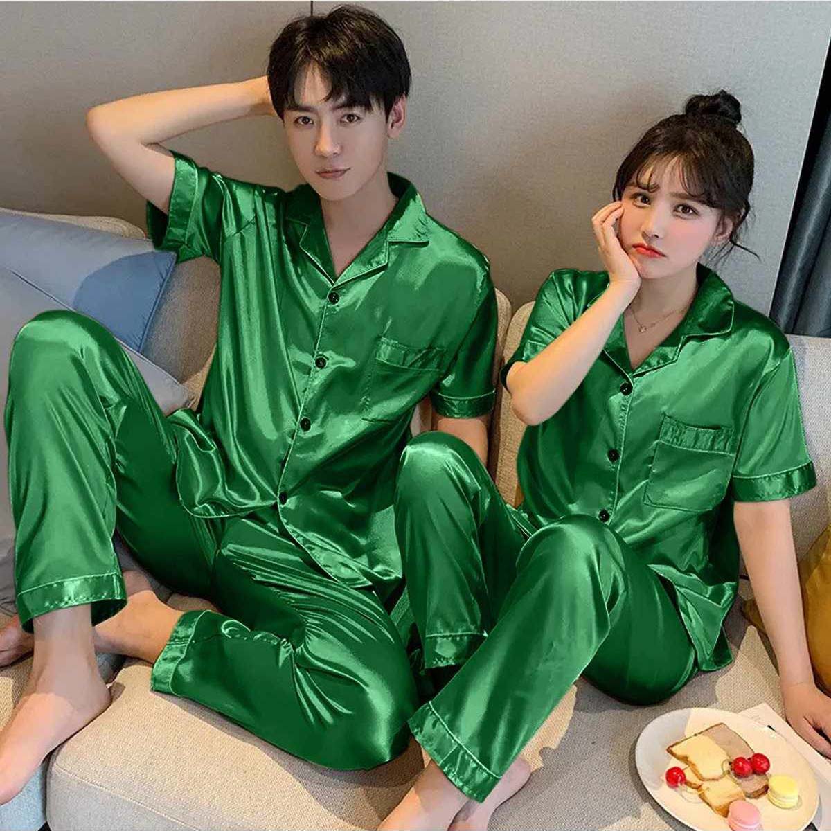 Imported Regular Style Unisex 2-Pcs Silk Nightsuit. (H-Sleeve+Pajama)