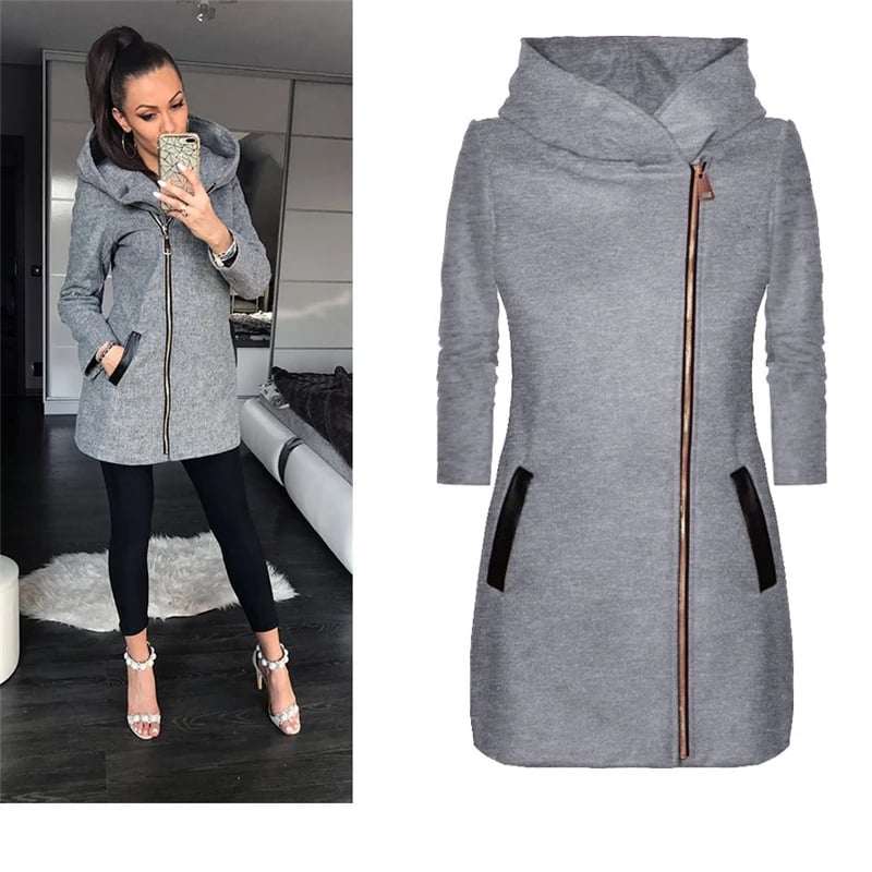 Leather Pocket Style Side Zip Long Winter Hoodie.