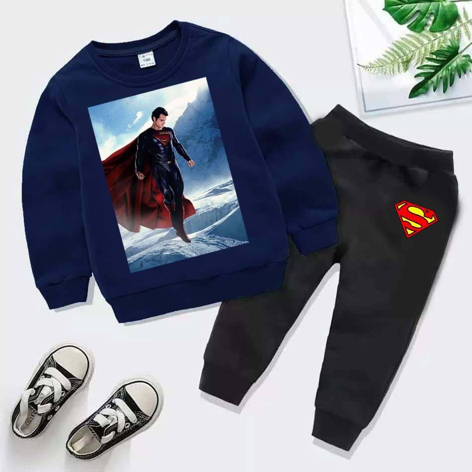 Kids Super Man Printed Sweat-Shirt Style 2-Pcs Winter Track-Suit.