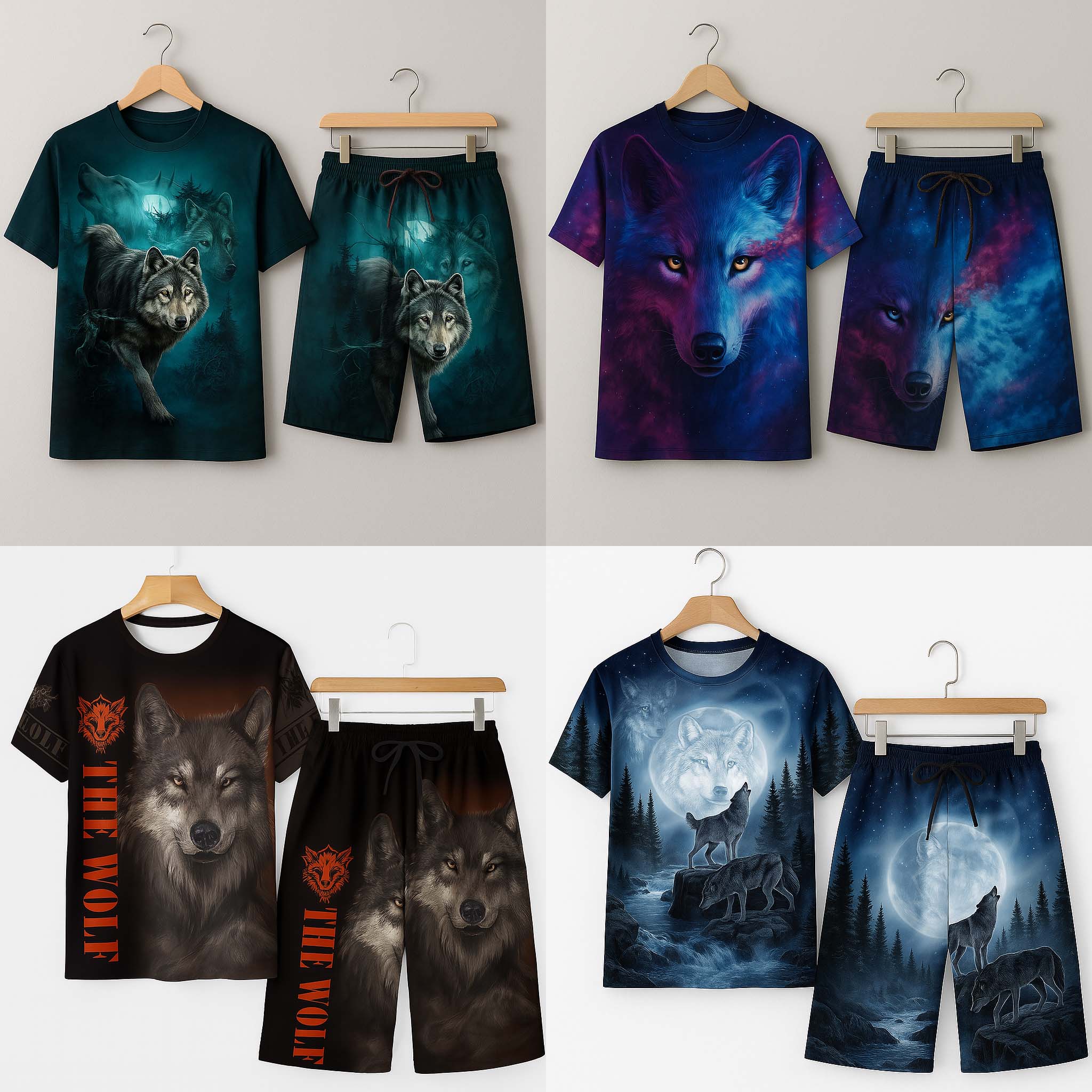 Bundle Of 4 Casual Wear 3D Wolf Printed 2-Pcs Summer Suit. Deal-11 (Clearance-Sale)
