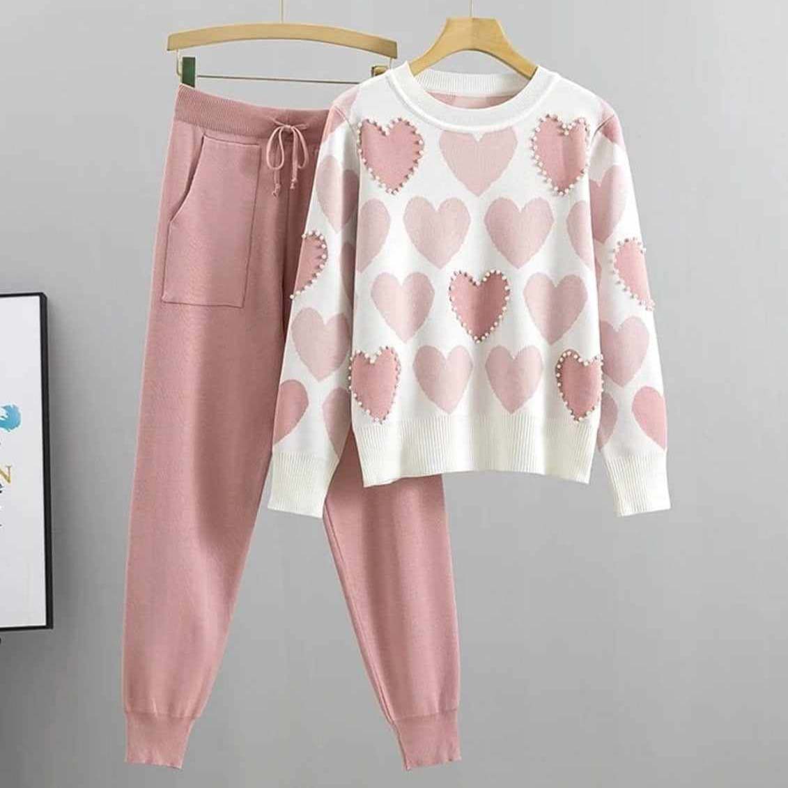 Heart Printed Pearls Work Premium Quality Winter 2-Pcs Tracksuit For Her. WWTS-10